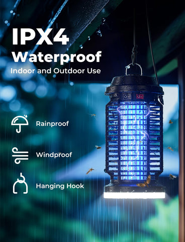 IPX4 waterproof build withstands rain for outdoor use.