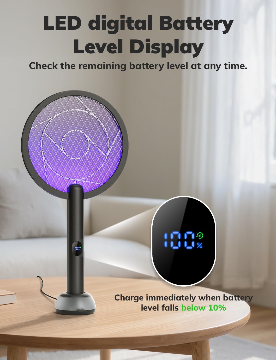 YISSVIC fly zapper racket LED display shows battery level for easy charging
