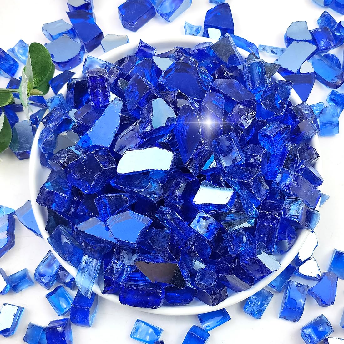 YISZM cobalt blue fire glass close-up showing reflective surface for flame enhancement