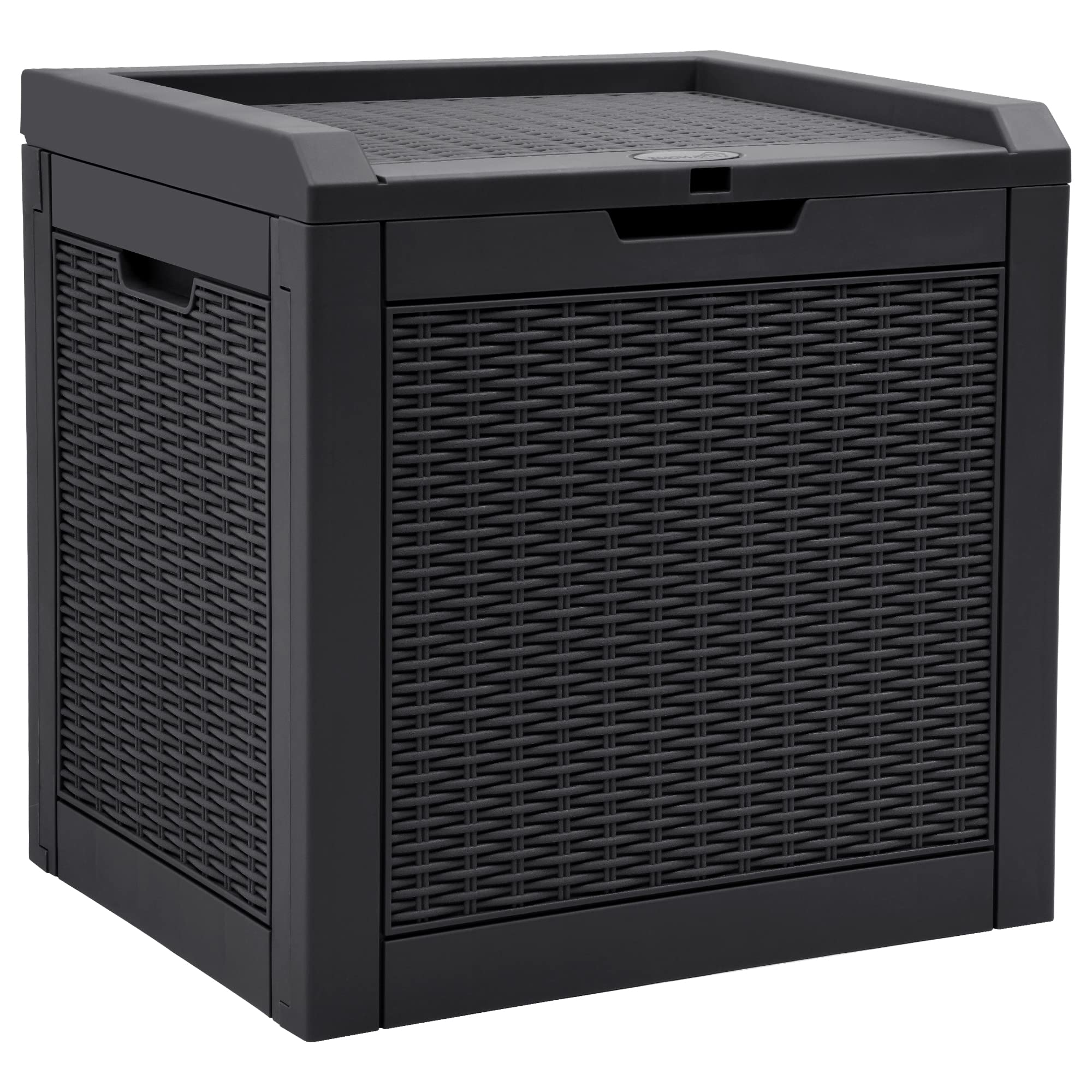 YITAHOME 32-gallon rattan deck box with lid closed showing outdoor storage use