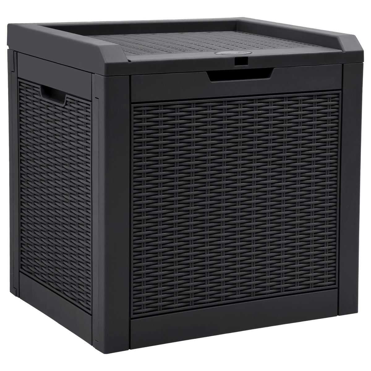 YITAHOME 32-gallon rattan deck box with lid closed showing outdoor storage use