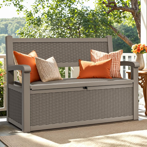 YITAHOME 70 gallon deck bench with storage shows spacious under-seat hideaway for outdoor essentials.