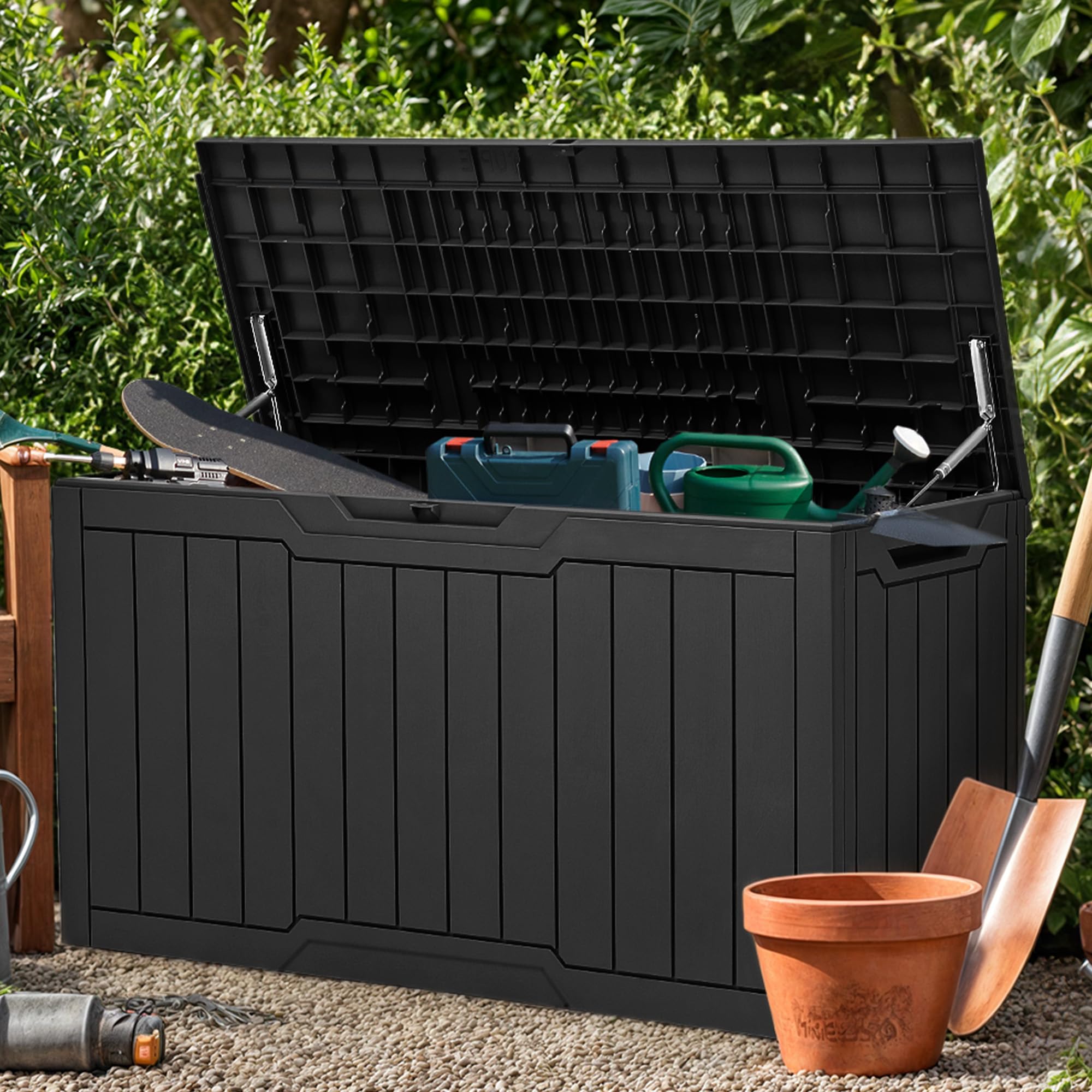 Bench-capable deck box by YITAHOME supports seating up to 485 pounds.
