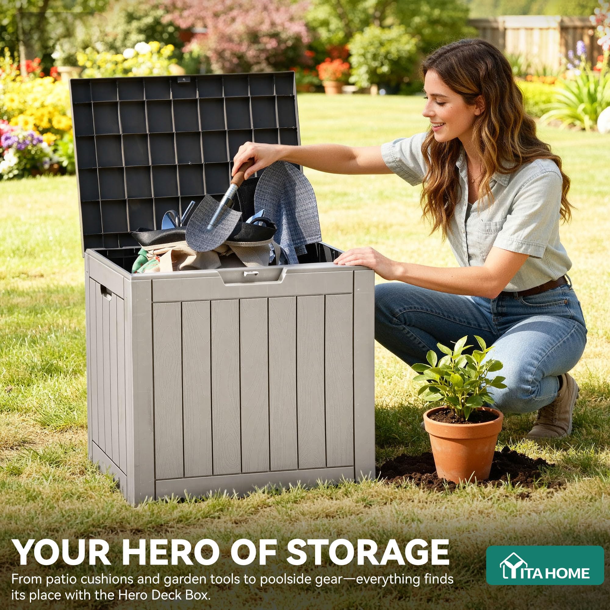 YITAHOME deck box with built-in handles for easy moving.