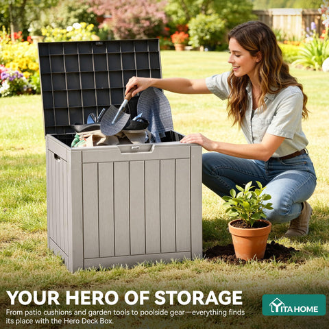 YITAHOME deck box with built-in handles for easy moving.