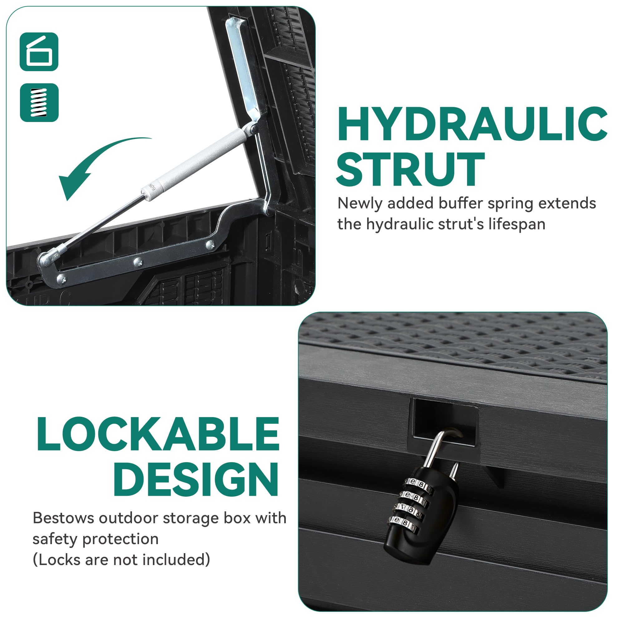 YITAHOME deck box with hydraulic struts for smooth lid operation.