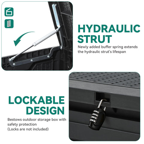 YITAHOME deck box with hydraulic struts for smooth lid operation.