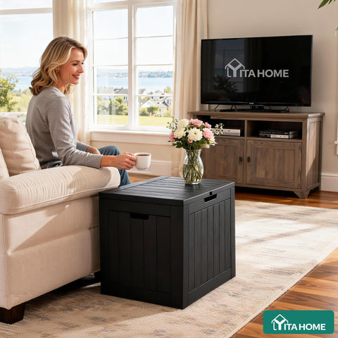 Closeup of YITAHOME deck box lid and handles for easy maneuvering