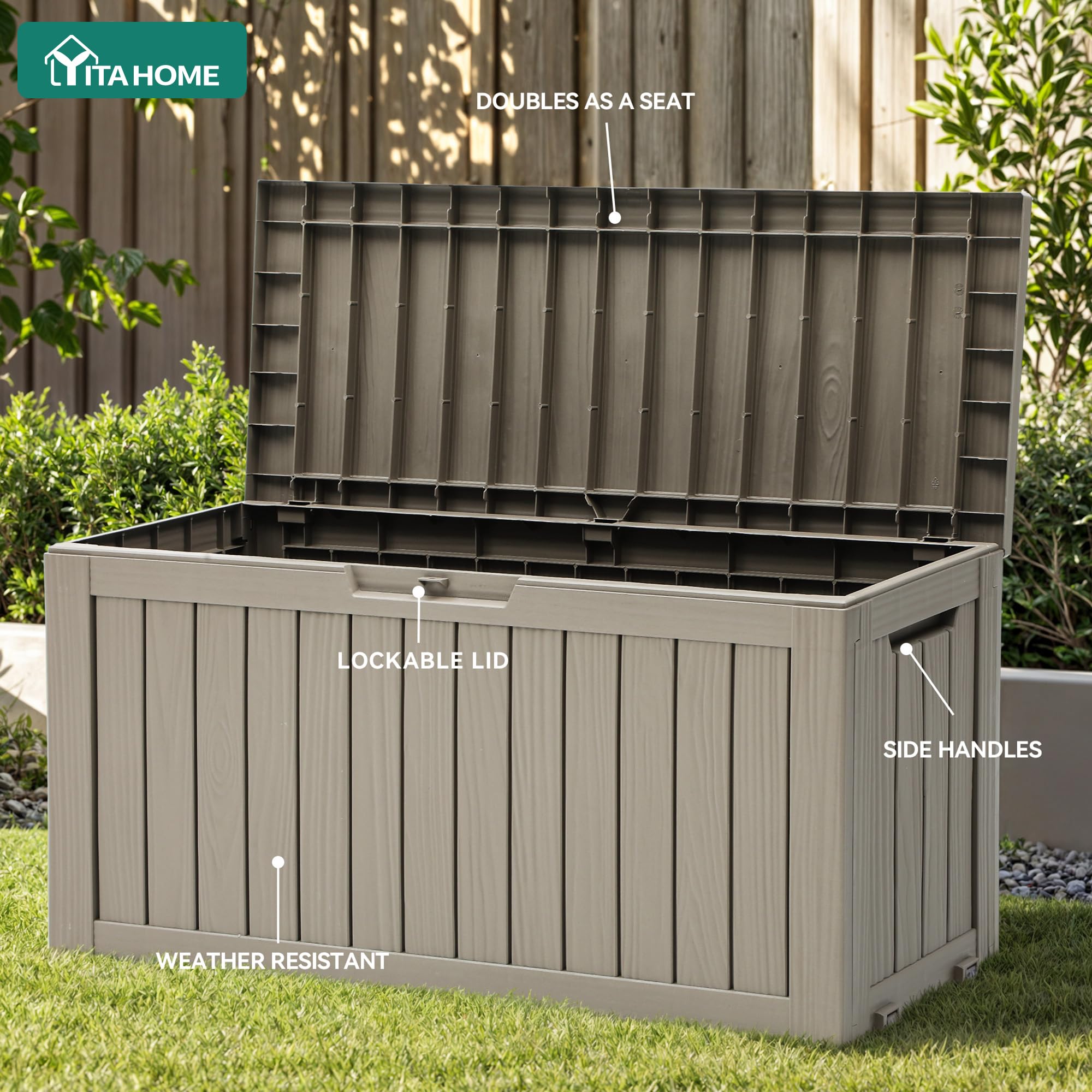 YITAHOME deck box in a patio setup demonstrates versatile outdoor storage.