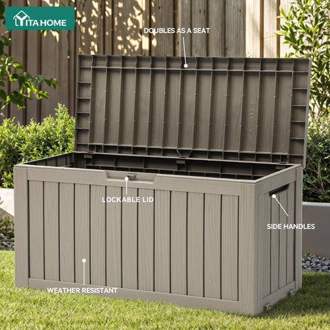 YITAHOME deck box in a patio setup demonstrates versatile outdoor storage.