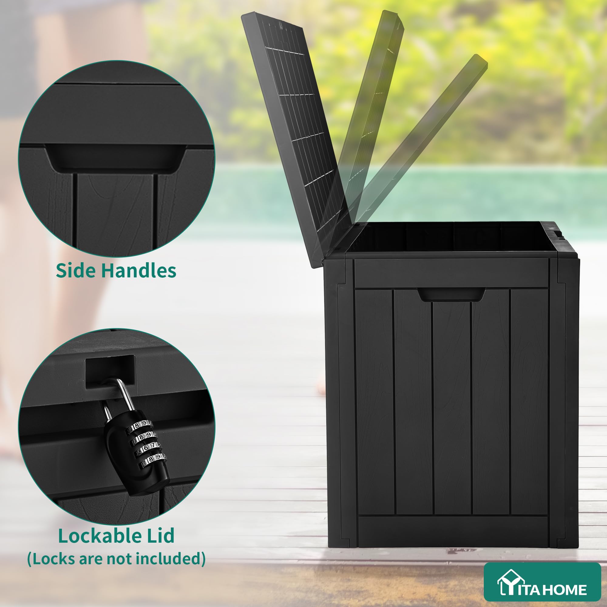 YITAHOME deck box used as a side table in an outdoor setting
