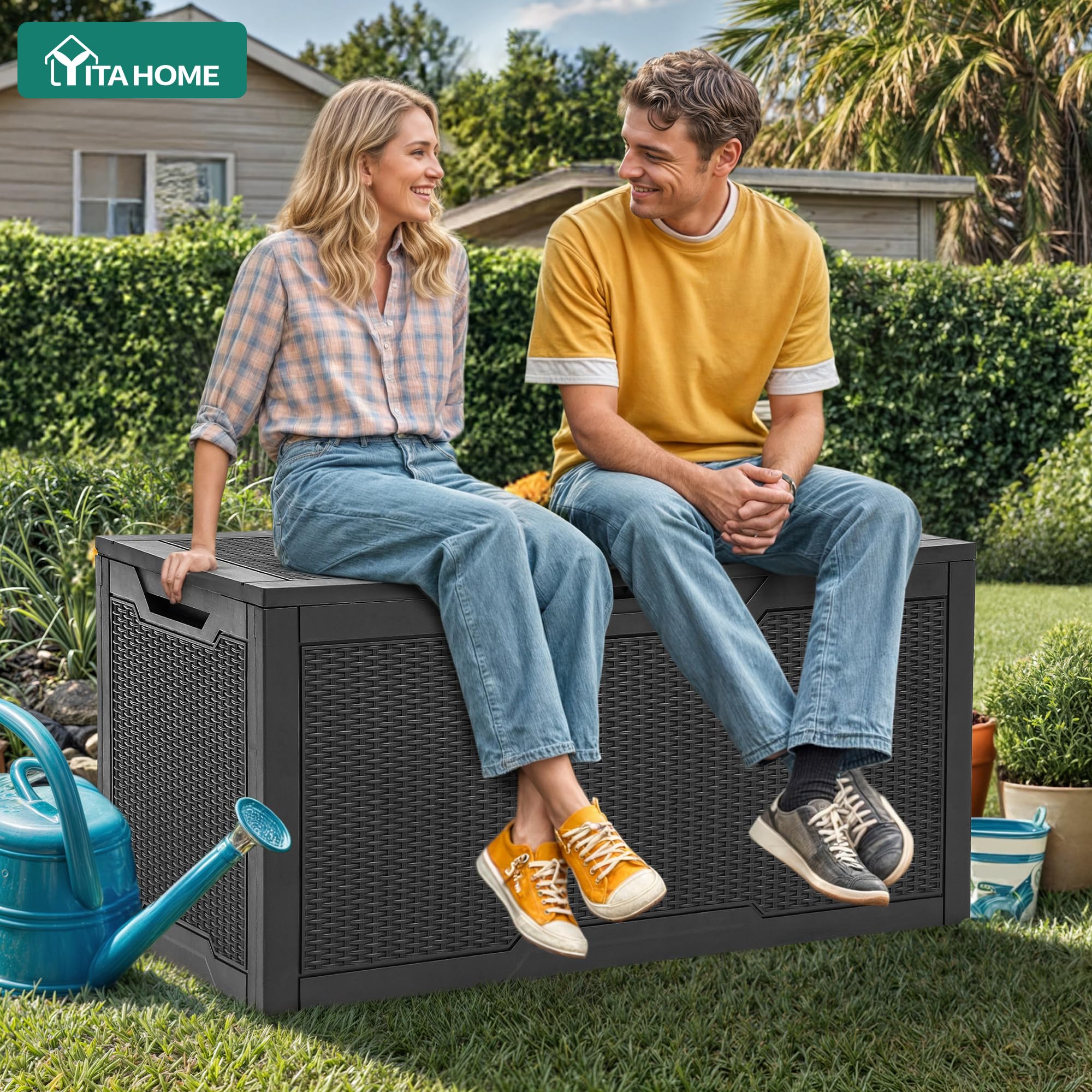 YITAHOME resin deck box exterior ready for outdoor use and weather protection.
