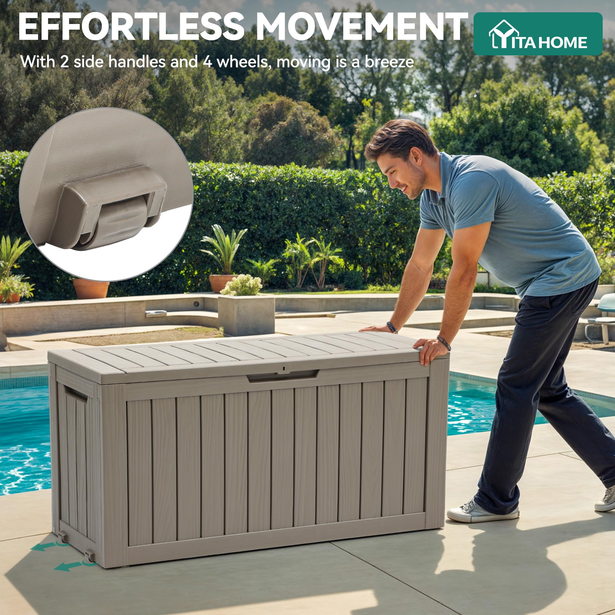 YITAHOME deck box wheels close-up showing easy mobility on patio.