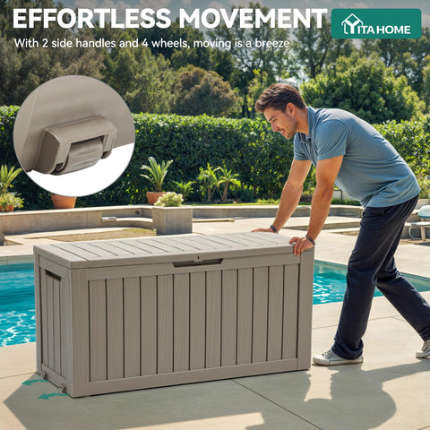 YITAHOME deck box wheels close-up showing easy mobility on patio.
