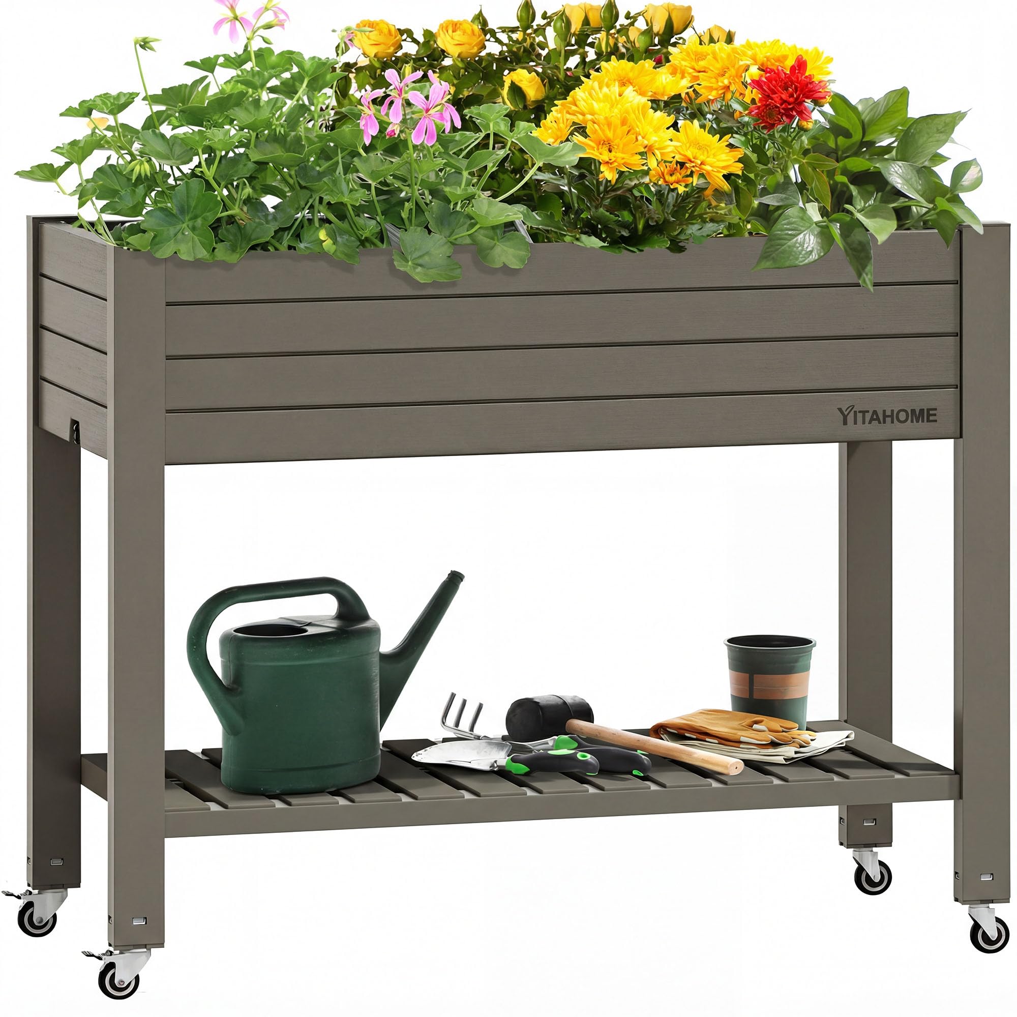 YITAHOME elevated garden bed with wheels and storage shelf for mobility.