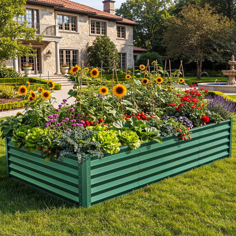 YITAHOME galvanized raised garden bed with large soil capacity for veggies.