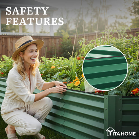 YITAHOME ground stakes securing garden bed on uneven ground.