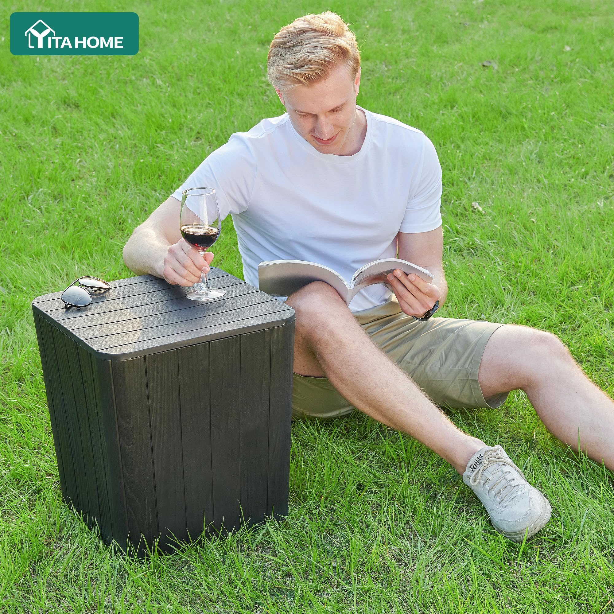 YITAHOME black deck box with waterproof resin keeps cushions dry.