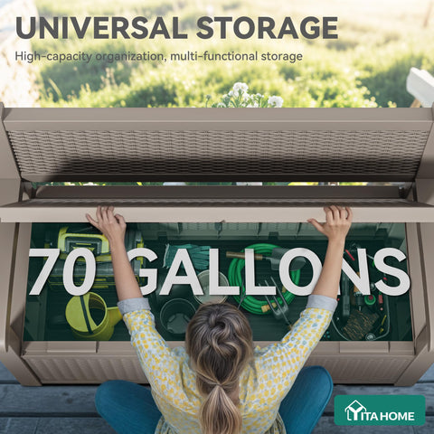 YITAHOME outdoor storage box lid open for quick access to cushions and toys.