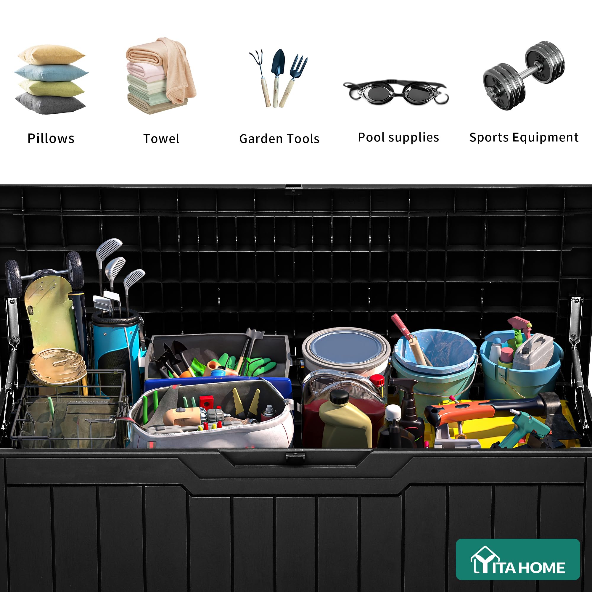 YITAHOME lockable storage box keeps cushions and tools secure outdoors.