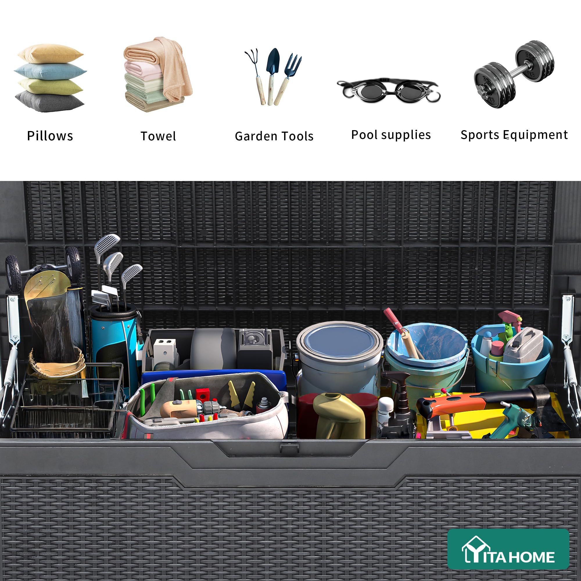 YITAHOME deck box with hydraulic struts for smooth opening.
