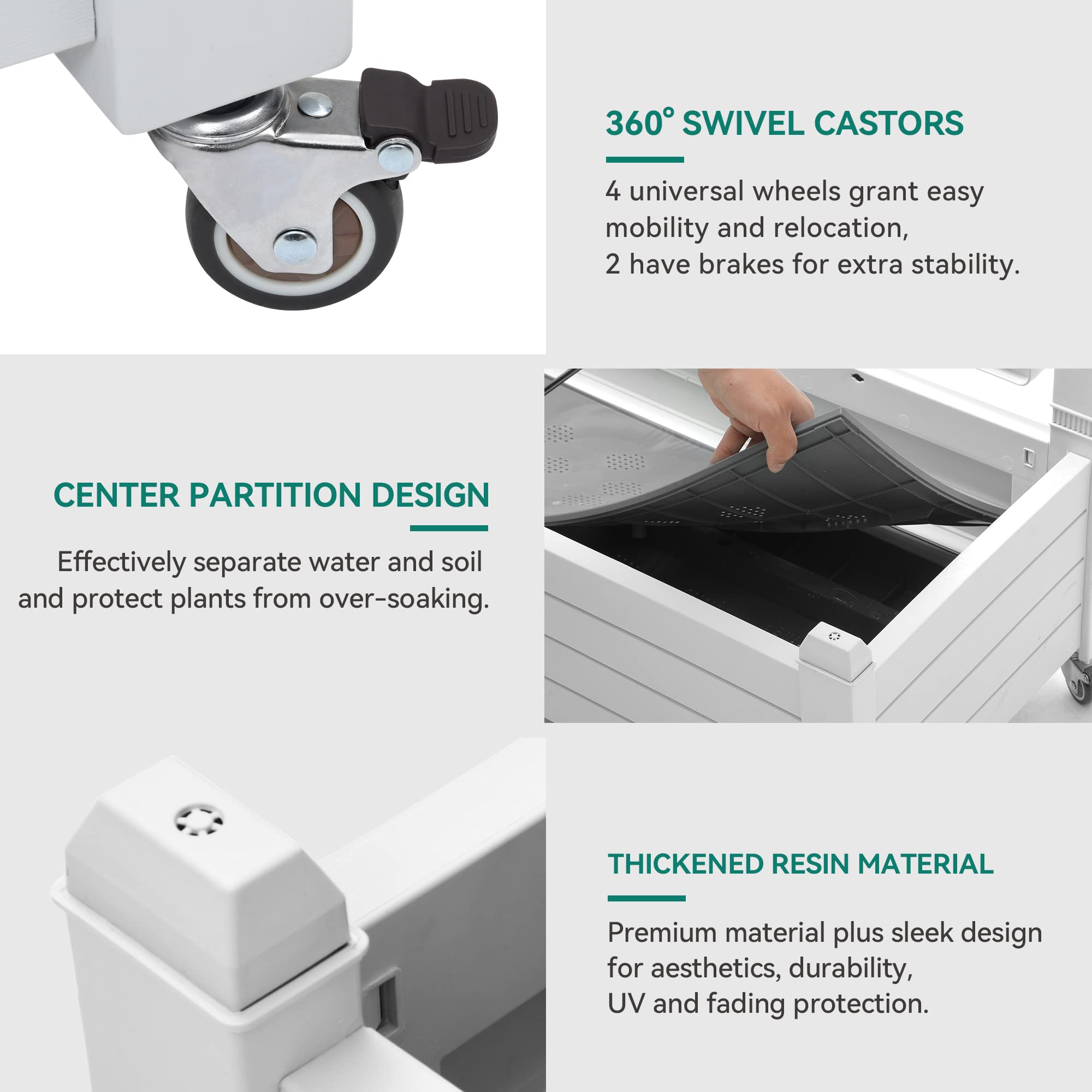 Weather-resistant resin finish protects the planter in sun and rain