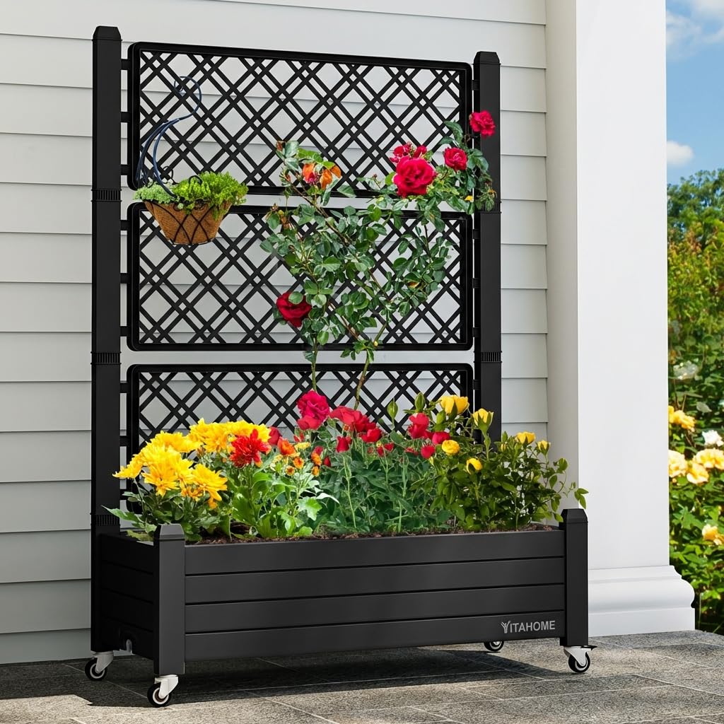 YITAHOME planter with trellis and wheels viewed from the front for easy mobility.