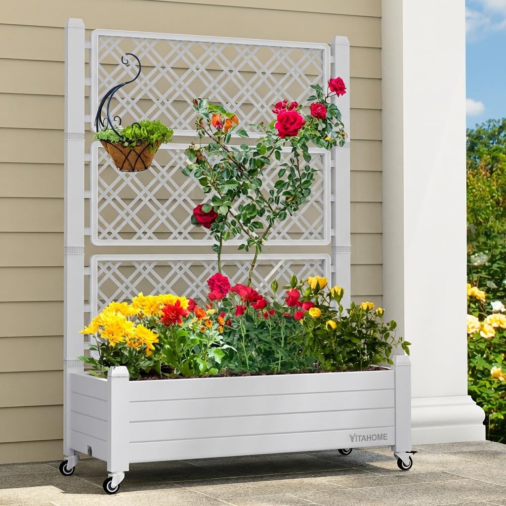 YITAHOME planter box trellis with wheels shows a portable vertical garden setup
