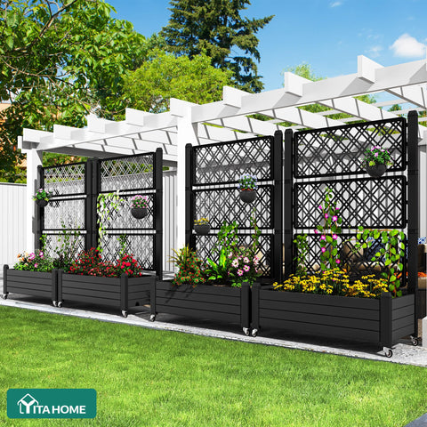 YITAHOME planter with trellis and wheels side view for compact footprint.