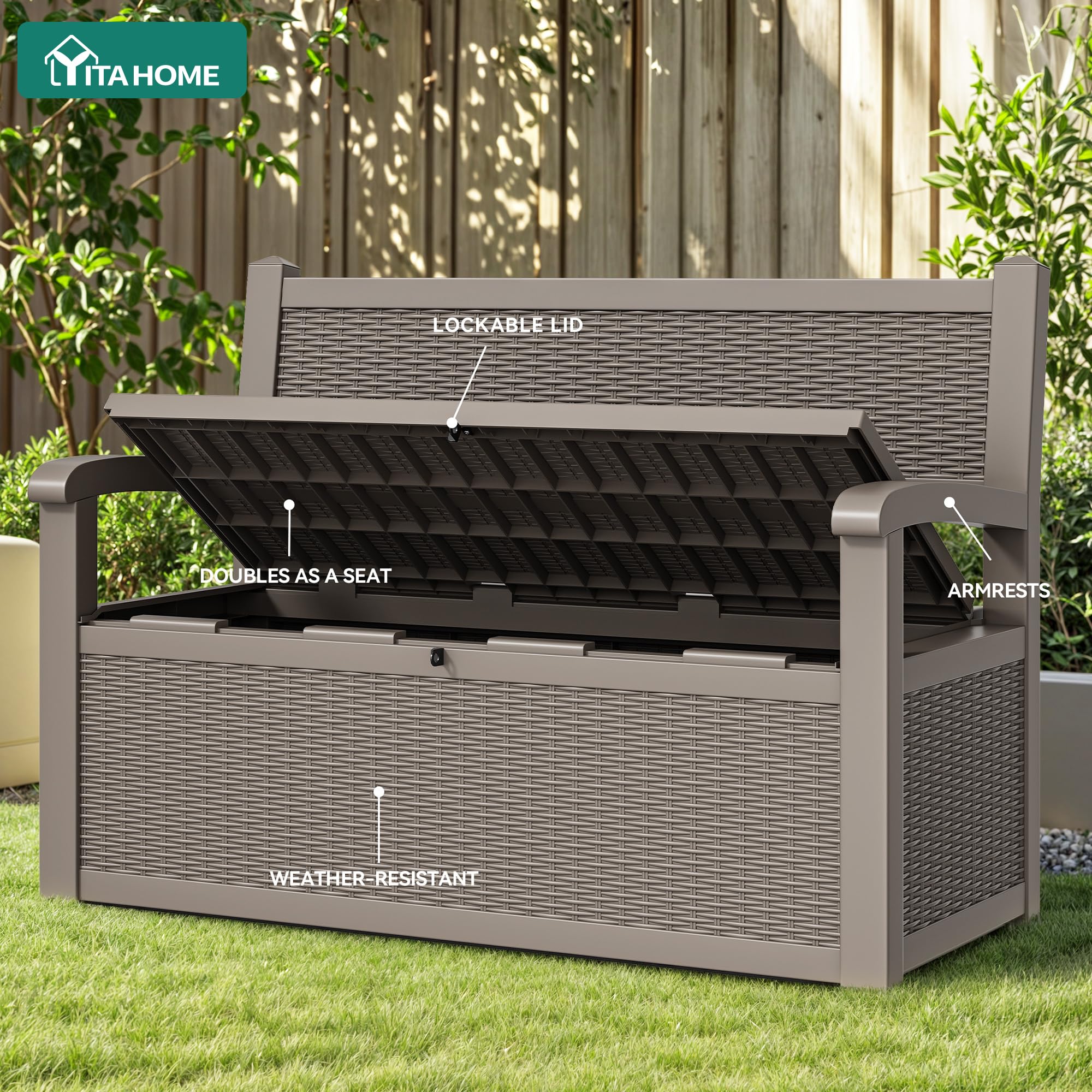 YITAHOME quick-assembly deck bench shown during setup on a balcony or deck.