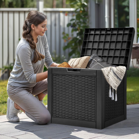 YITAHOME resin deck box with weatherproof lid for cushions.