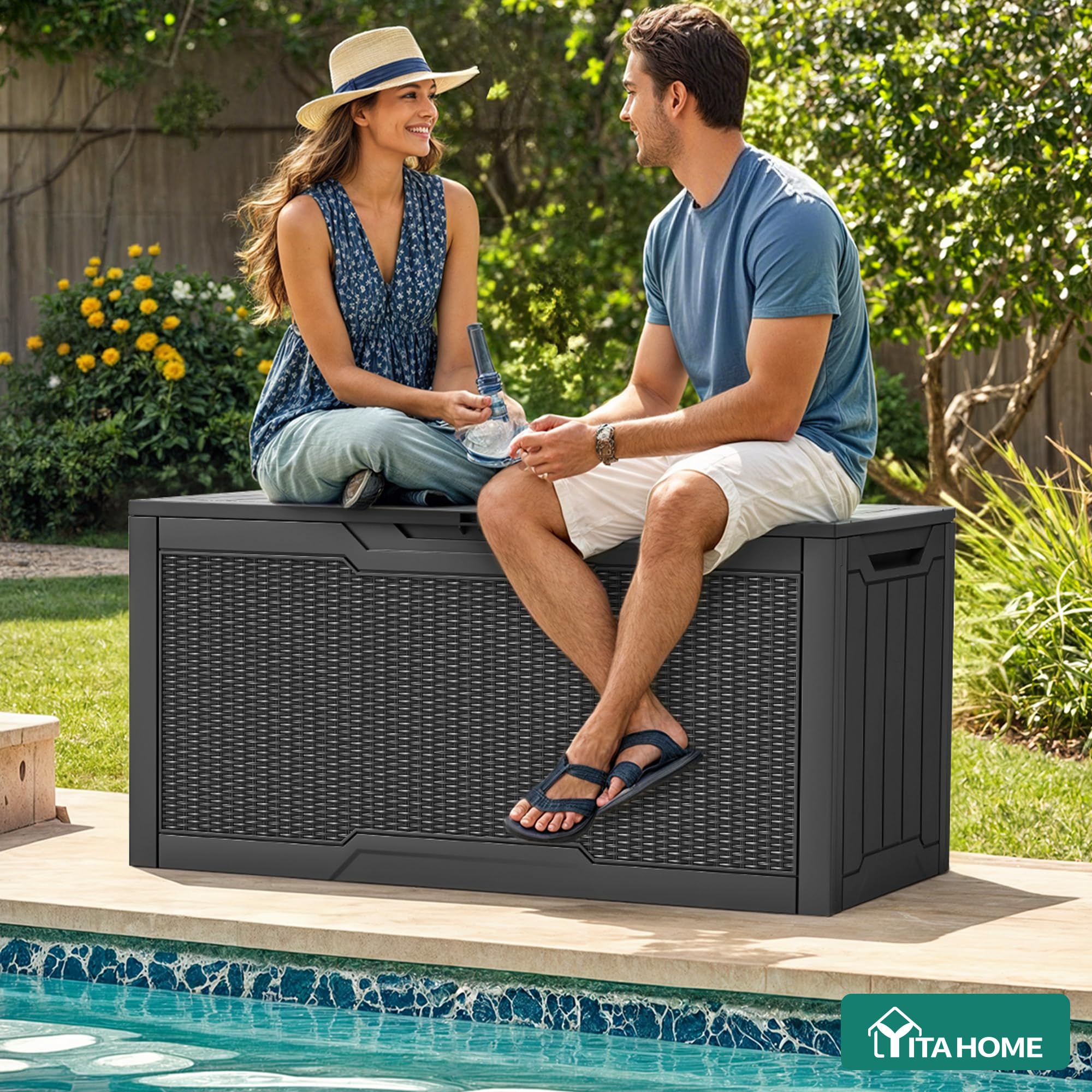 YITAHOME resin deck box close-up highlighting weatherproof finish.