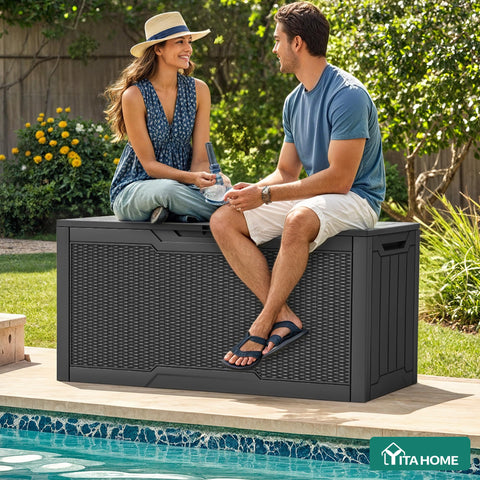 YITAHOME resin deck box close-up highlighting weatherproof finish.