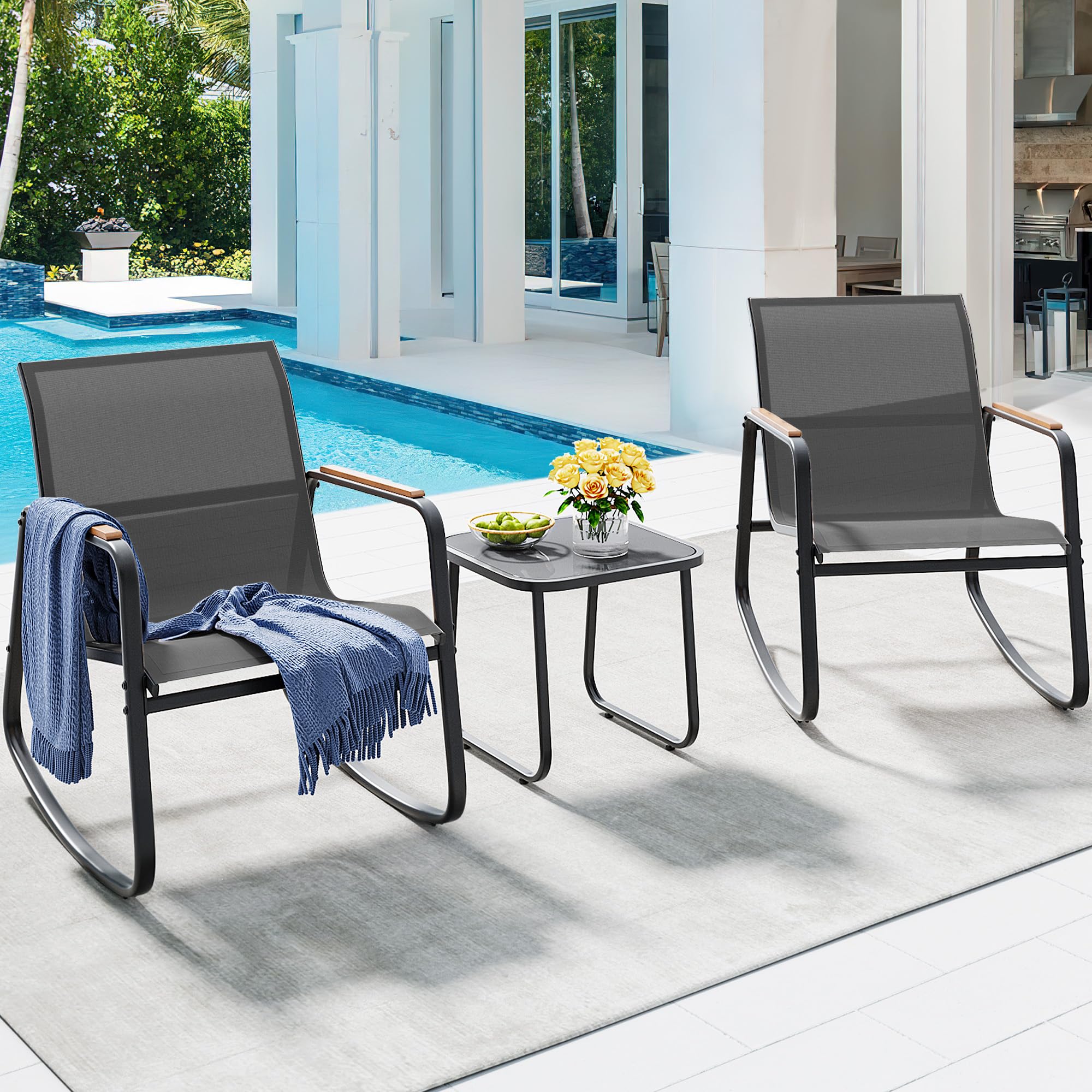 YITAHOME rocking chair detail highlighting wooden armrests for porch comfort.