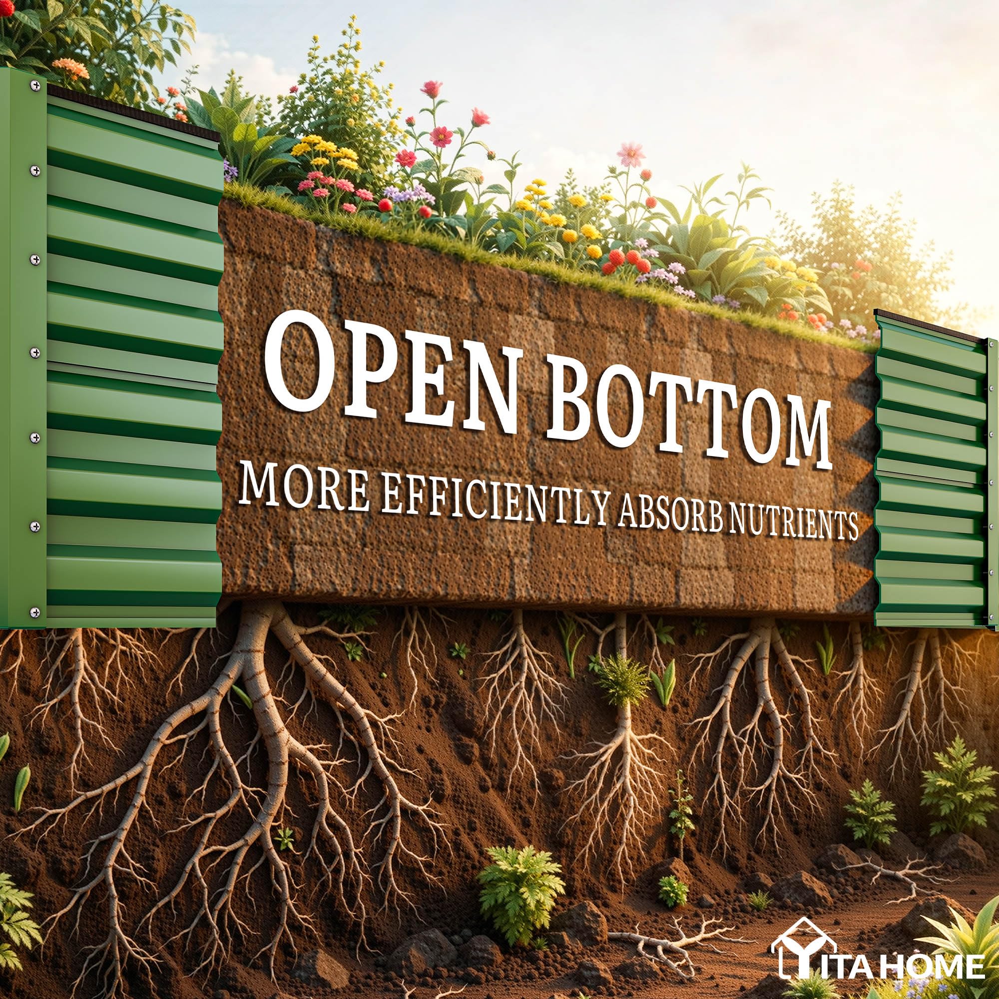 YITAHOME safety-edge rubber strip highlights kid-friendly garden use.
