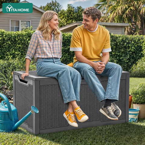 YITAHOME resin deck box resists water and sun for long outdoor storage.