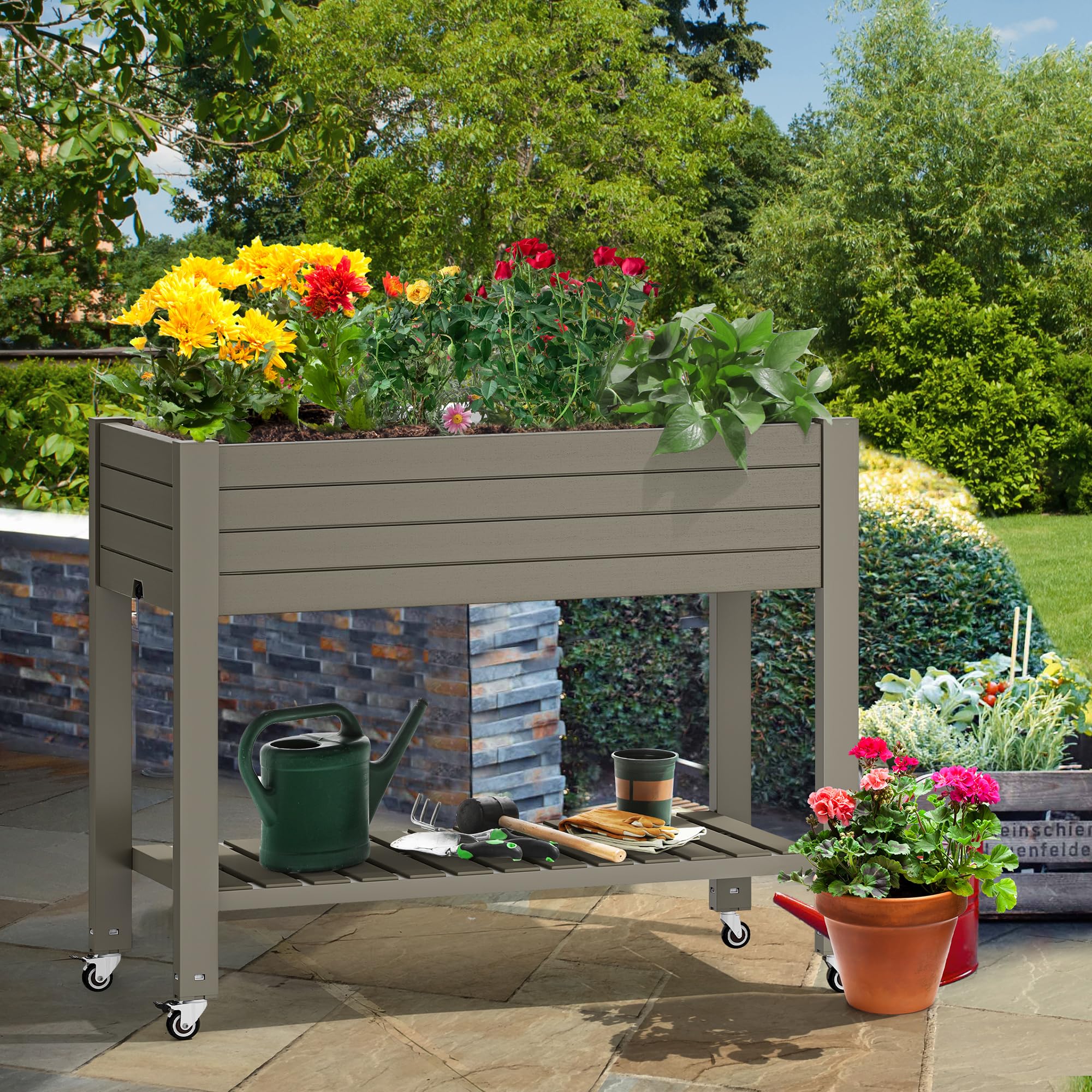 Weather-resistant resin construction withstands outdoor conditions.