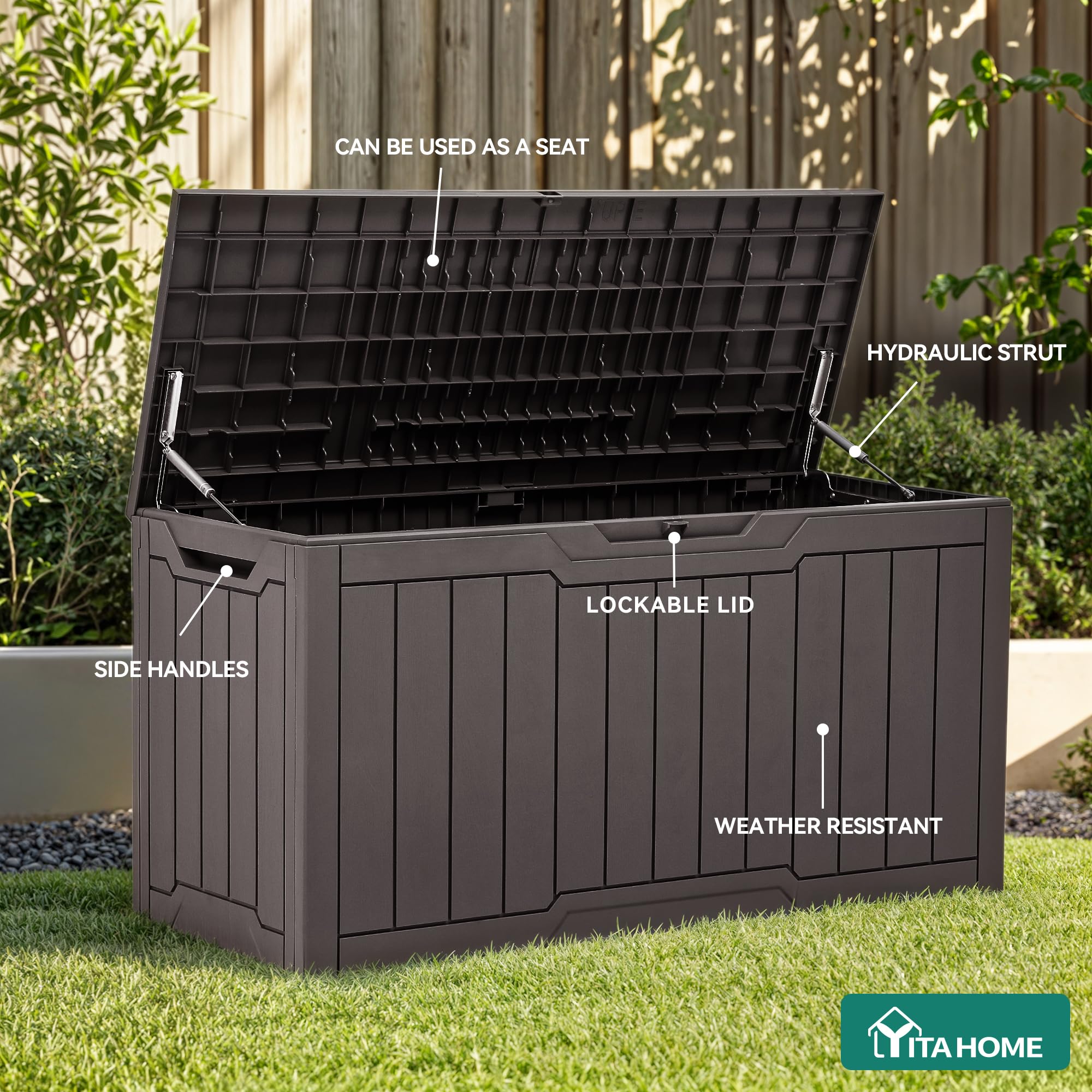 Weatherproof resin construction resists rain and sun, keeping contents protected