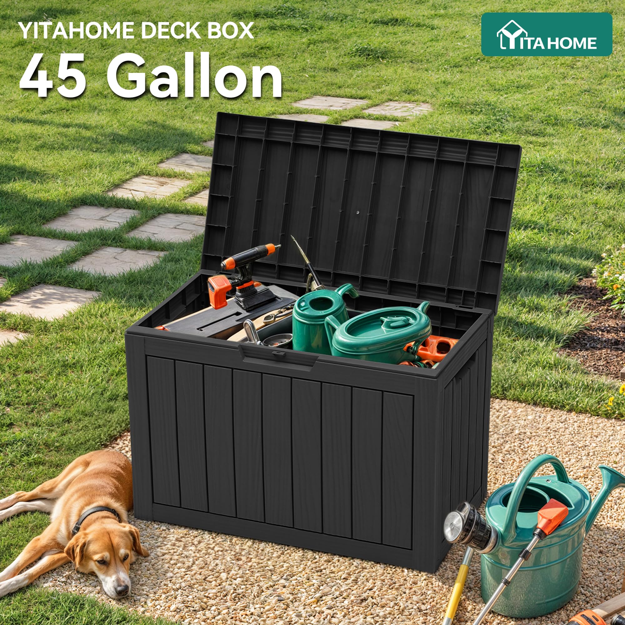YITAHOME weather-resistant deck box in black protects items from sun and rain.