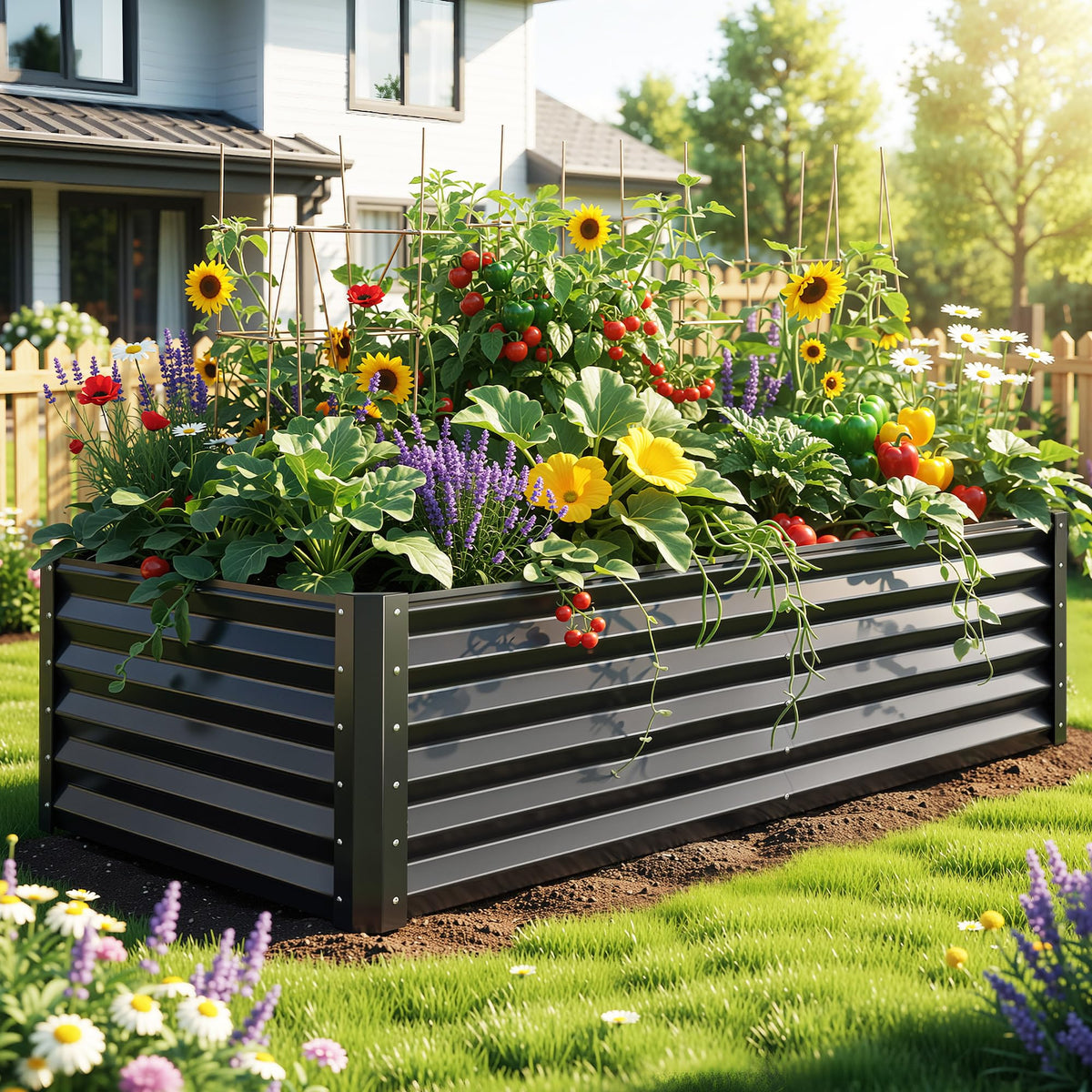 YITAHOME galvanized raised garden bed front view showing ample soil capacity for vegetables