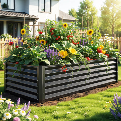 YITAHOME galvanized raised garden bed front view showing ample soil capacity for vegetables