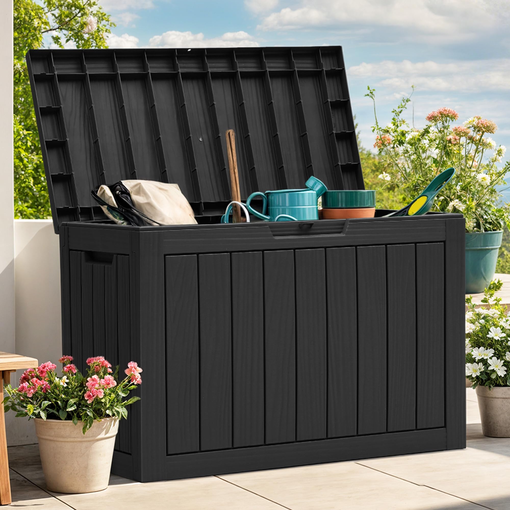 YITAHOME 45-gallon outdoor storage box keeps cushions dry and organized.