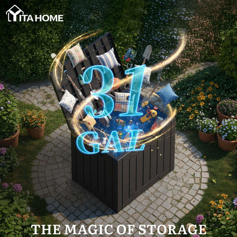 YITAHOME wood-like texture deck box showing natural aesthetic and practical storage