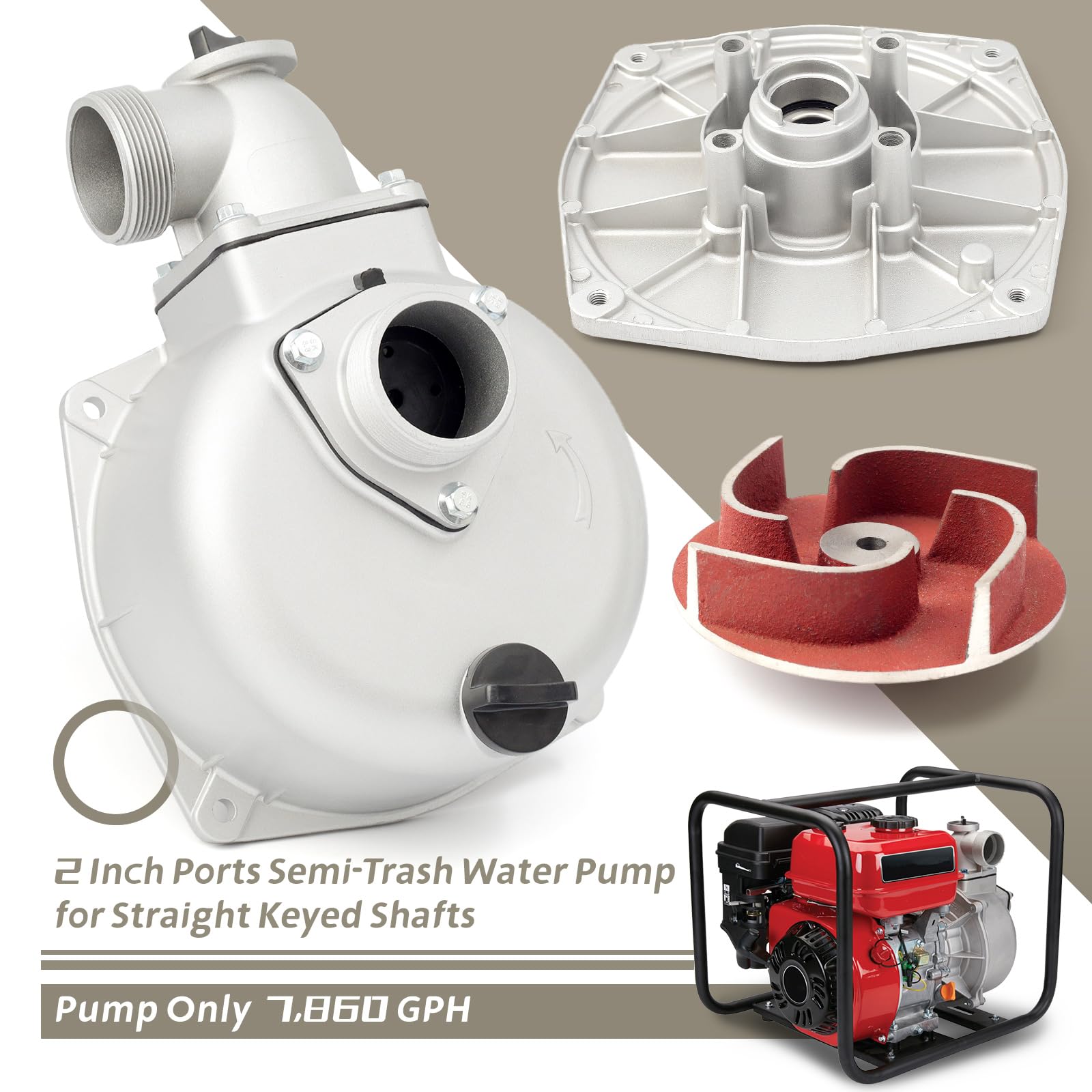 YIYANTO 2-inch semi-trash pump side view highlighting durable aluminum construction.