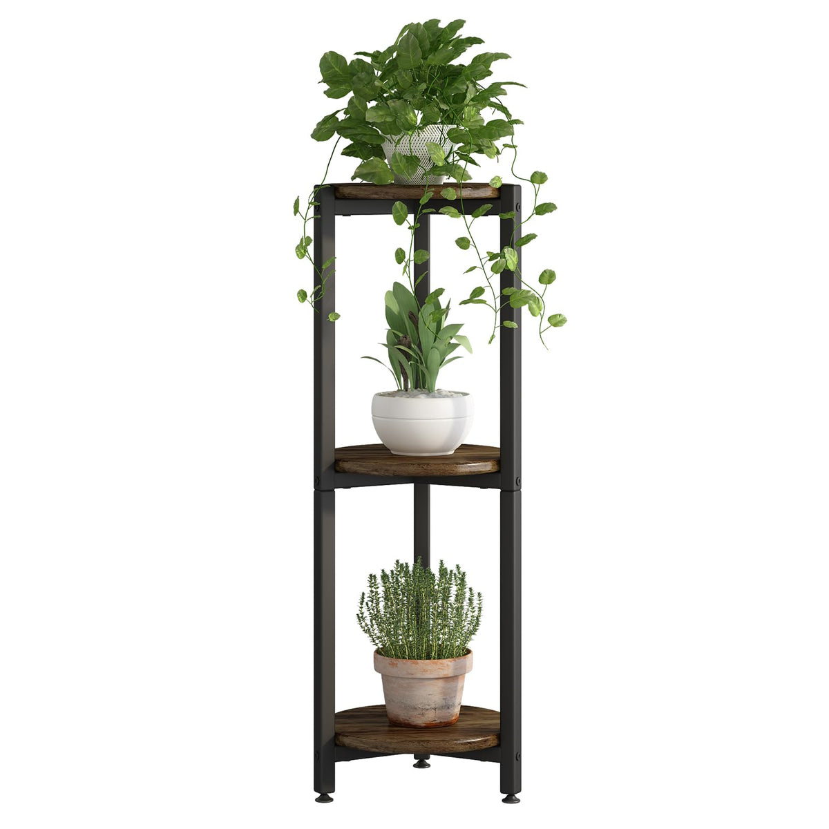 YIZAIJIA 3-tier plant stand in black, ideal for corner display and plant organization.