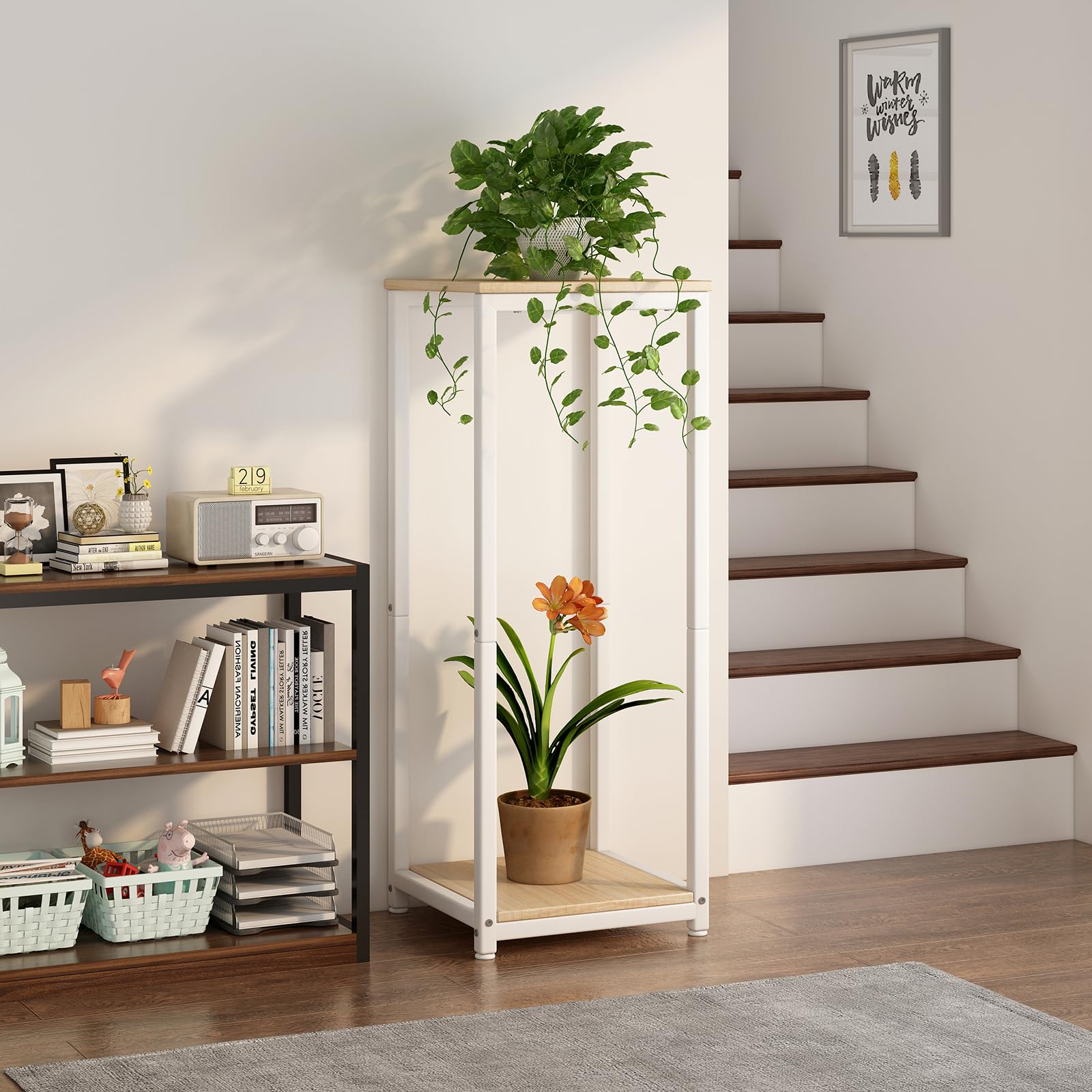 YIZAIJIA metal-frame MDF white plant shelf highlights durability
