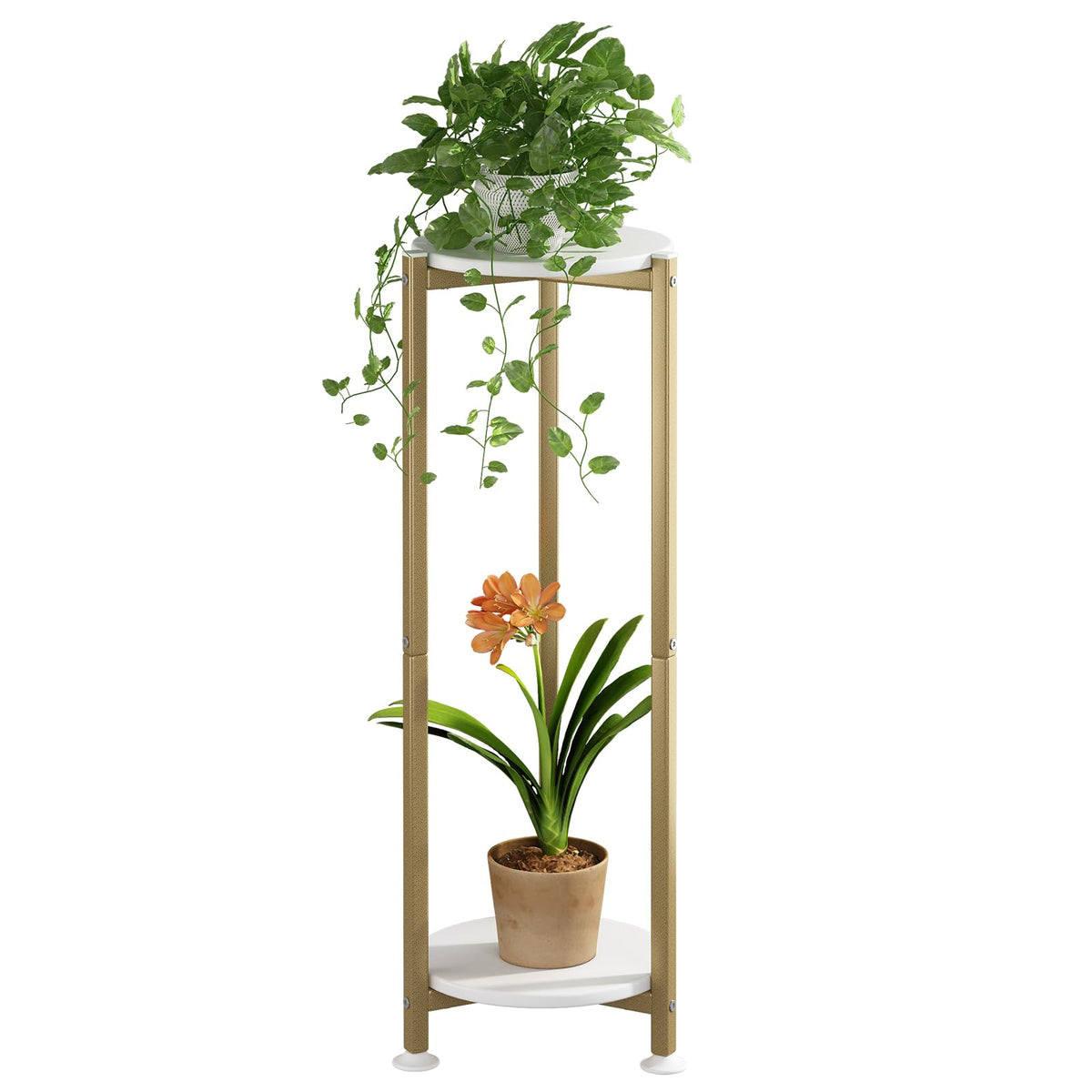YIZAIJIA two-tier gold round plant stand, front view, showcasing a sturdy metal frame.