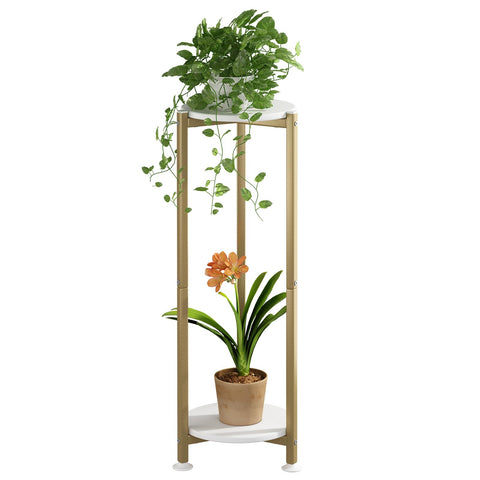 YIZAIJIA two-tier gold round plant stand, front view, showcasing a sturdy metal frame.