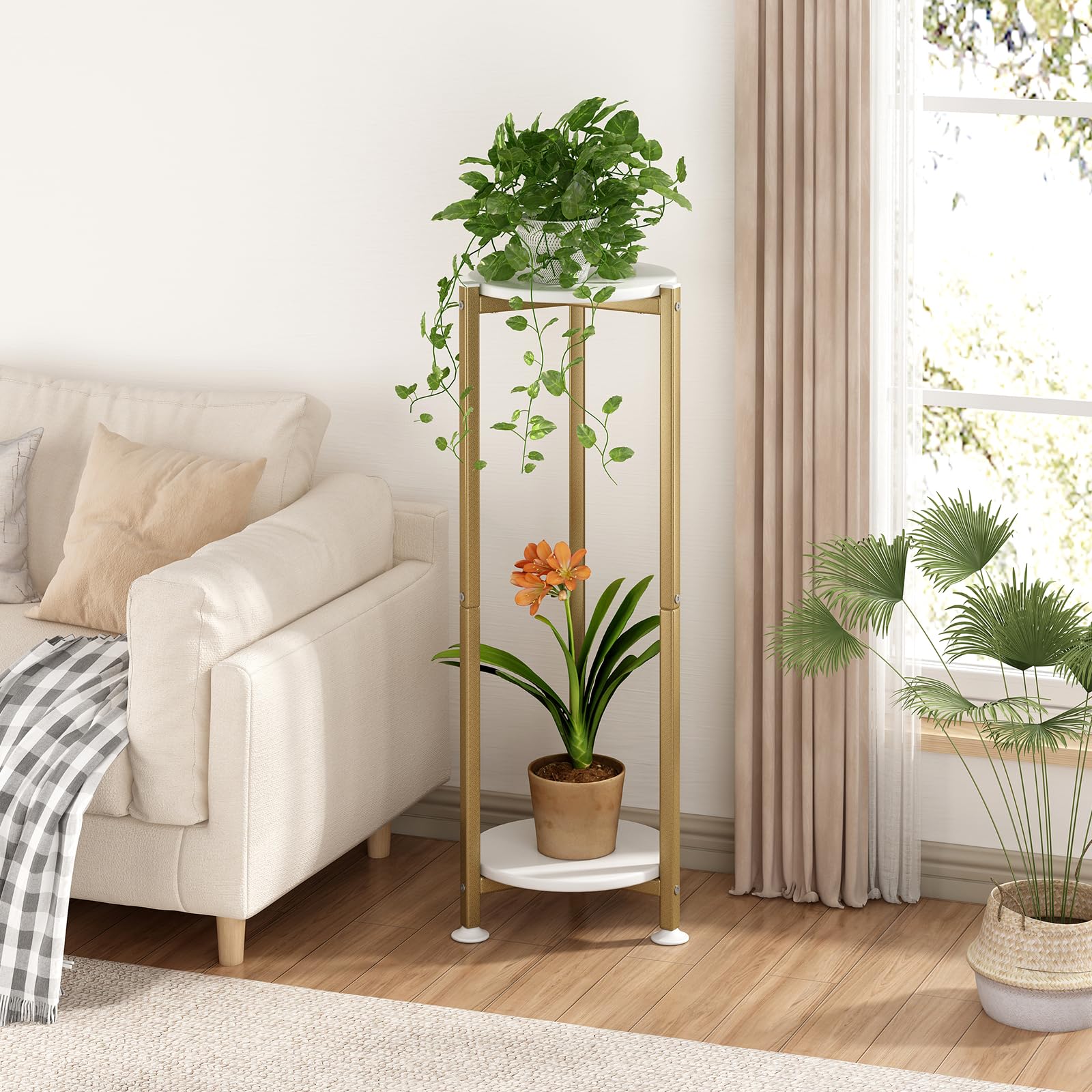 YIZAIJIA plant stand two-tier gold round, side view, highlighting its stable MDF shelves.