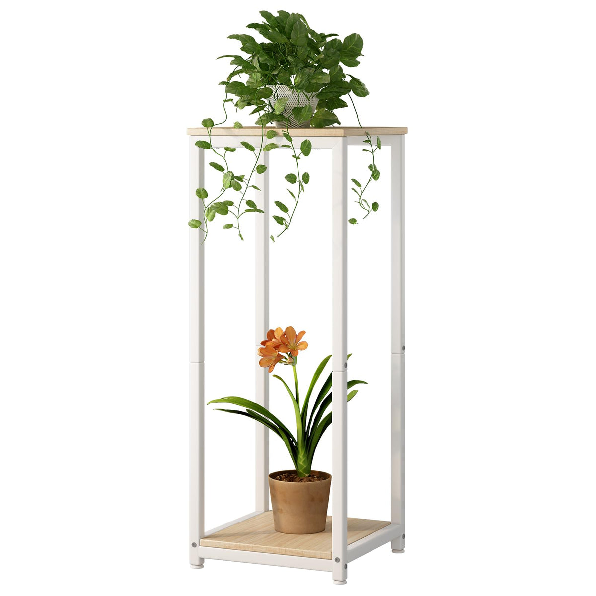 YIZAIJIA 2-tier white plant stand front view displaying plants and decor